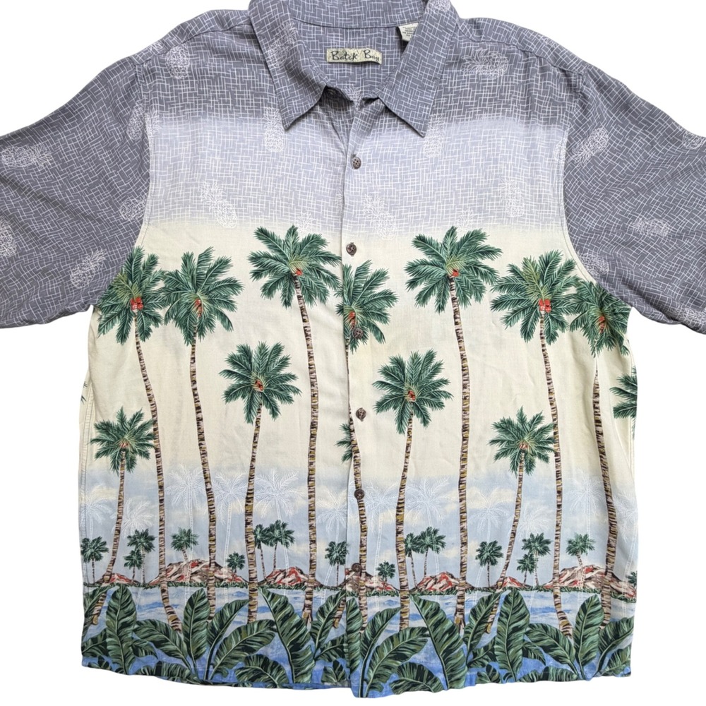 Batik Bay Mens XL Hawaiian‎ Shirt Gray Tropical Palm Tree Pineapple Rayon Button